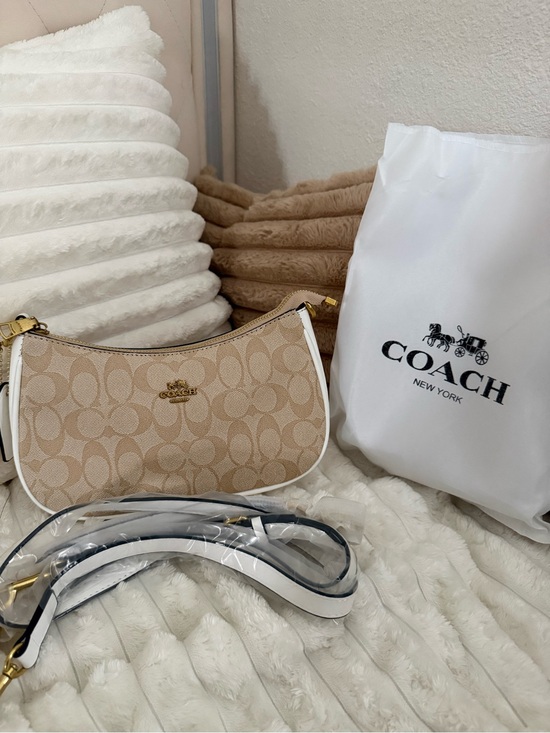 Coach Handbags - Coach Beige Signature Crescent Shoulder Bag with White Trim